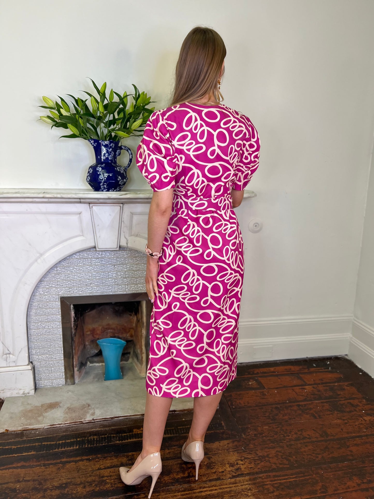 Magenta Swirl Print  Fitted Dress with Sleeve Detail