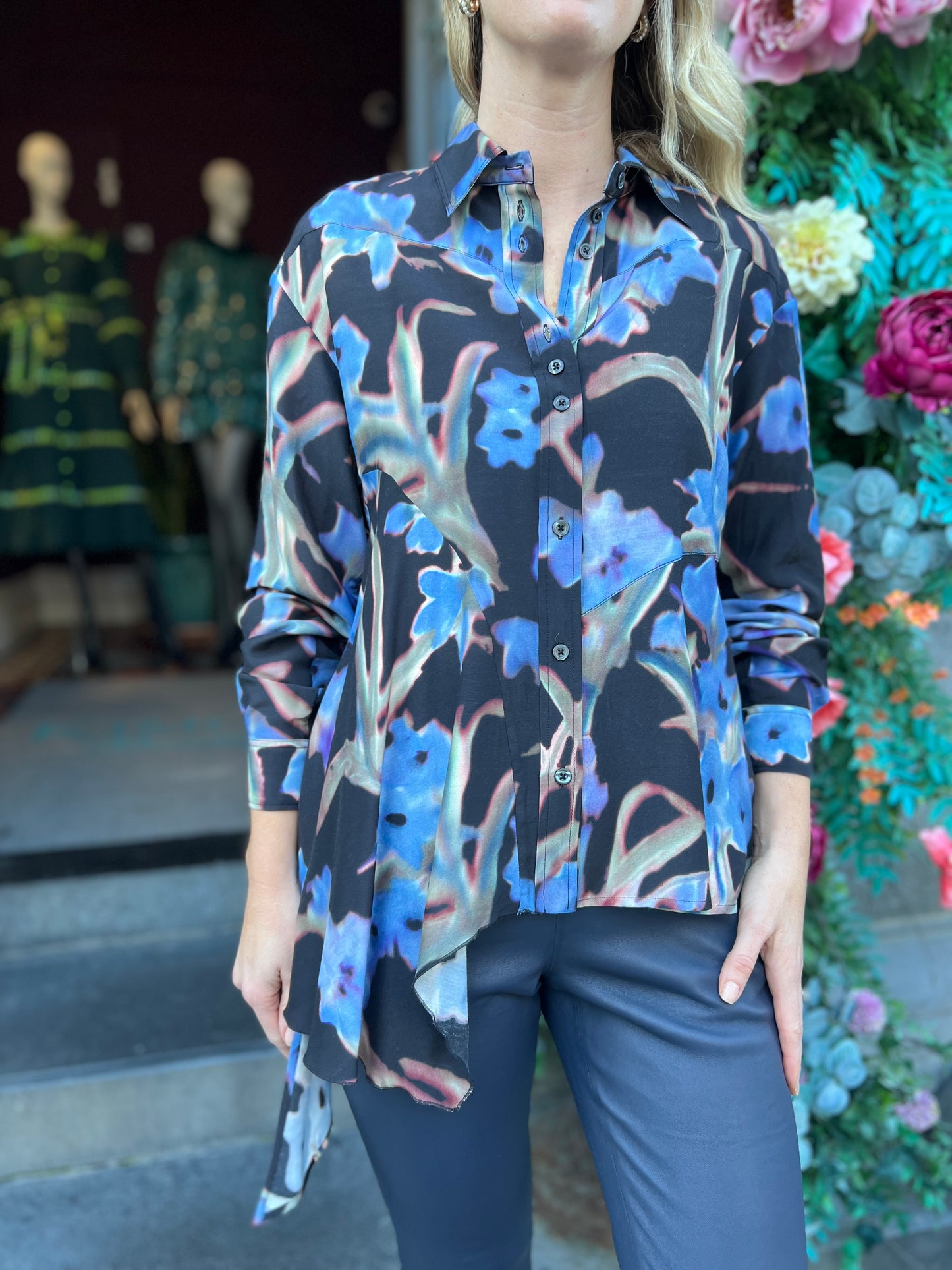 Gentle Asymmetrically Cut Shirt in Black and Blue Abstract Floral