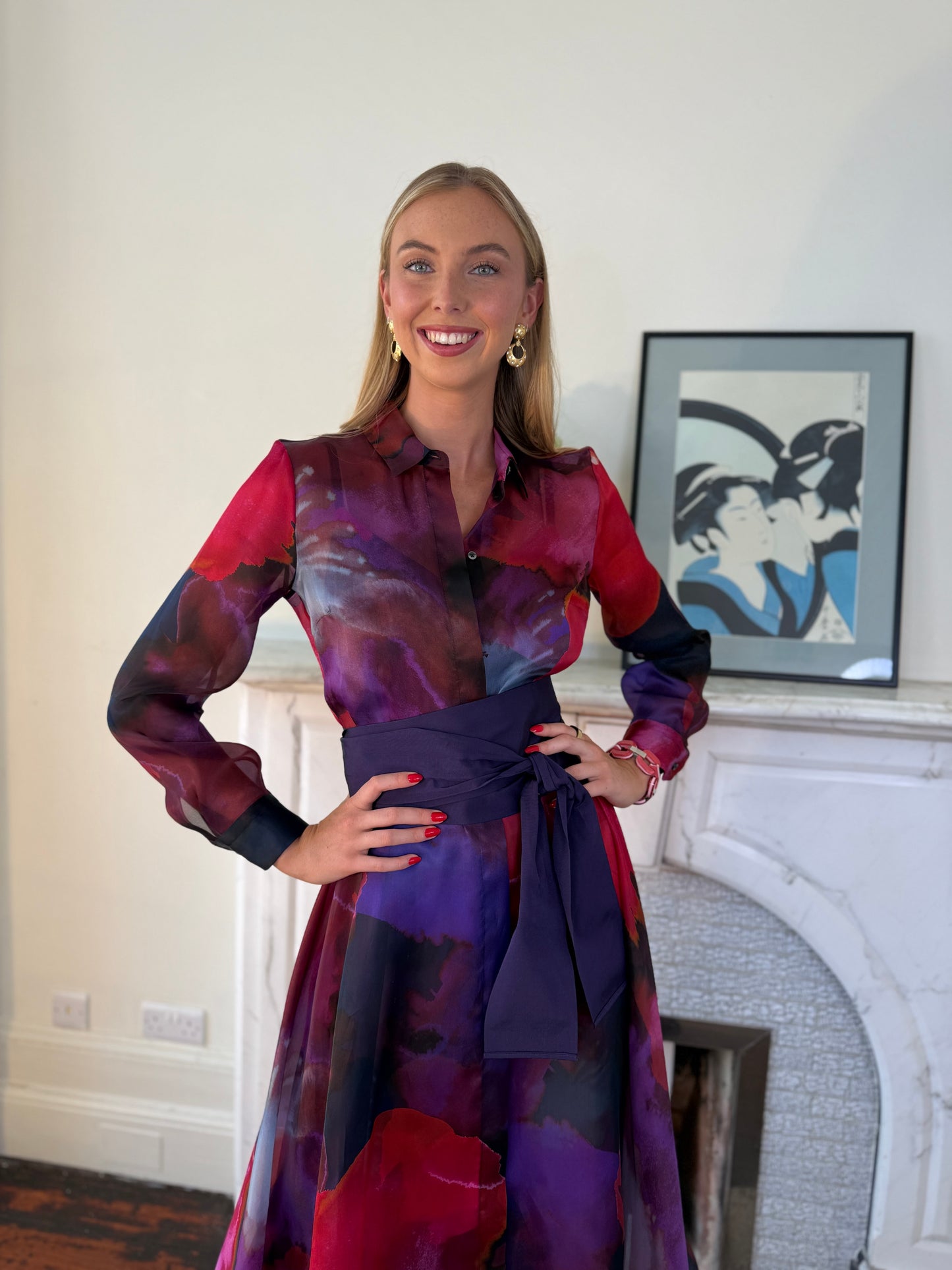 Sara Roka Organza Flower Explosion Printed Midi Shirt Dress