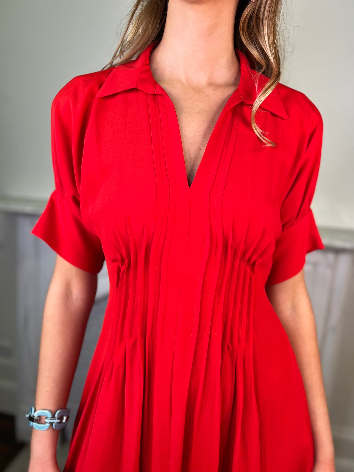 Ruby Red Dress with Tuck Pleated Waist Detail