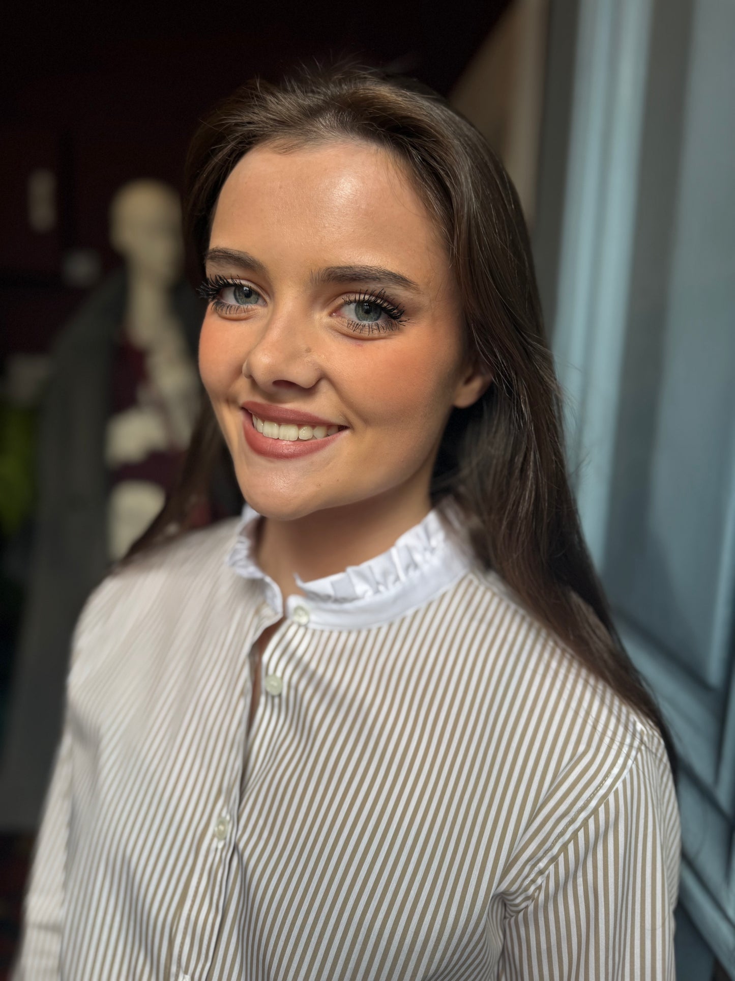 Caliban Taupe and White Stripped Shirt With White Frill Collar