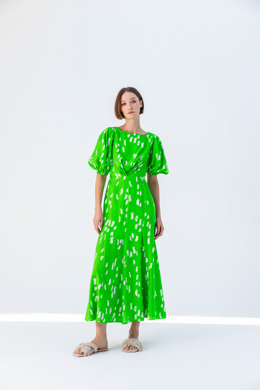 Neon Green and Cream Printed Fit and Flare Dress with Sleeve Detail and Tie at the Back