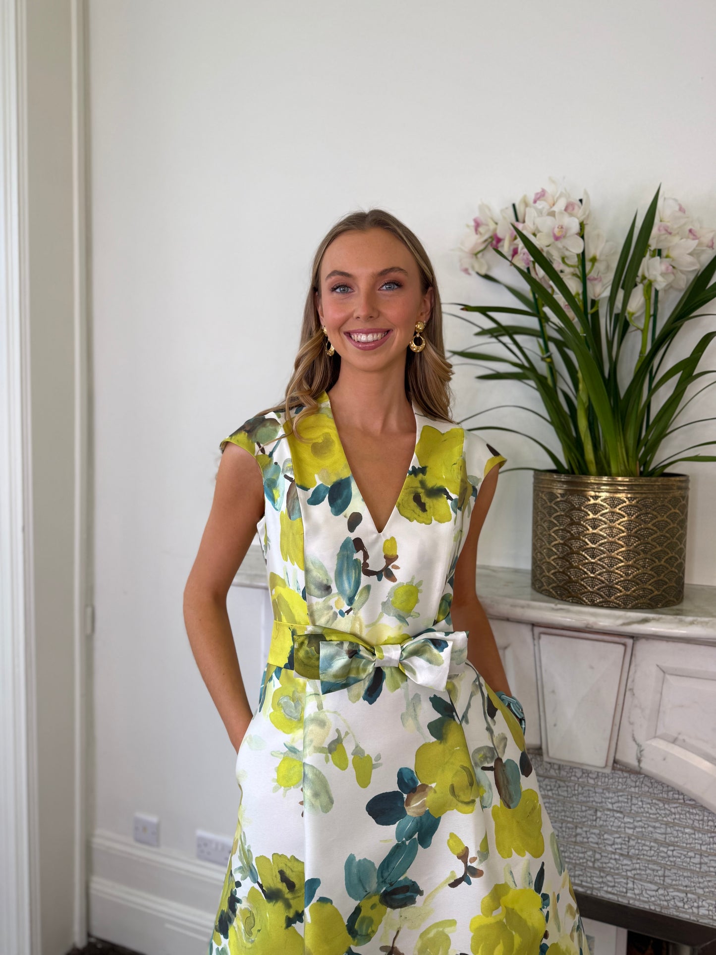 Sara Roka Lime Roses Satin Print Dress with Bow Belt