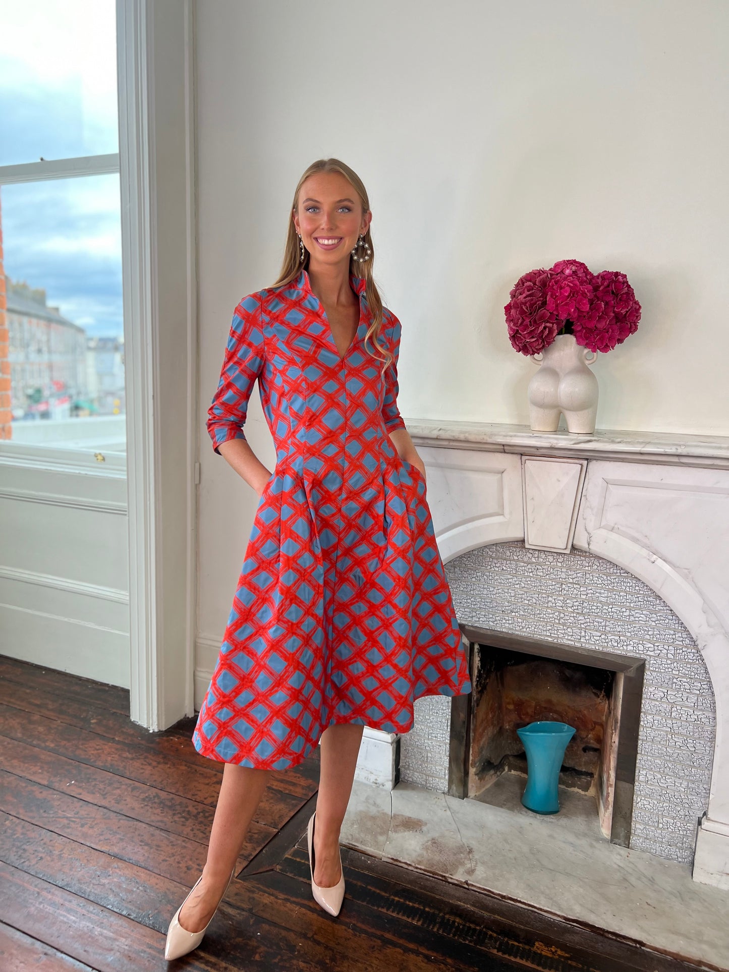 Orange and Turquoise Brocade Fit and Flare Dress