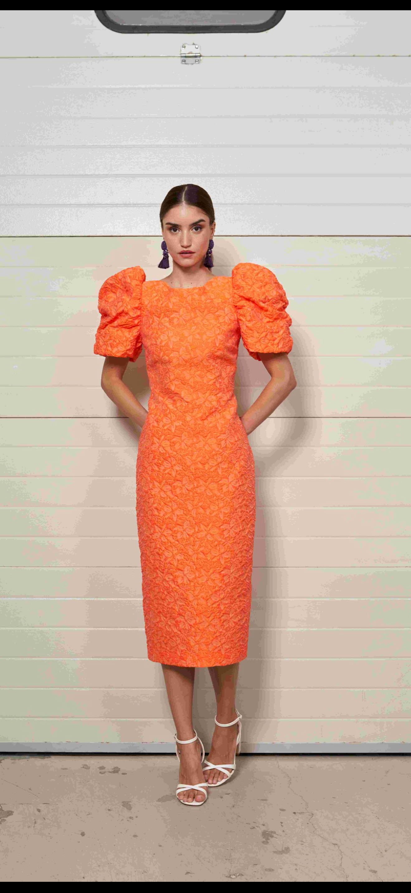 Moskada Orange Embossed Fitted Dress with Sleeve Detail