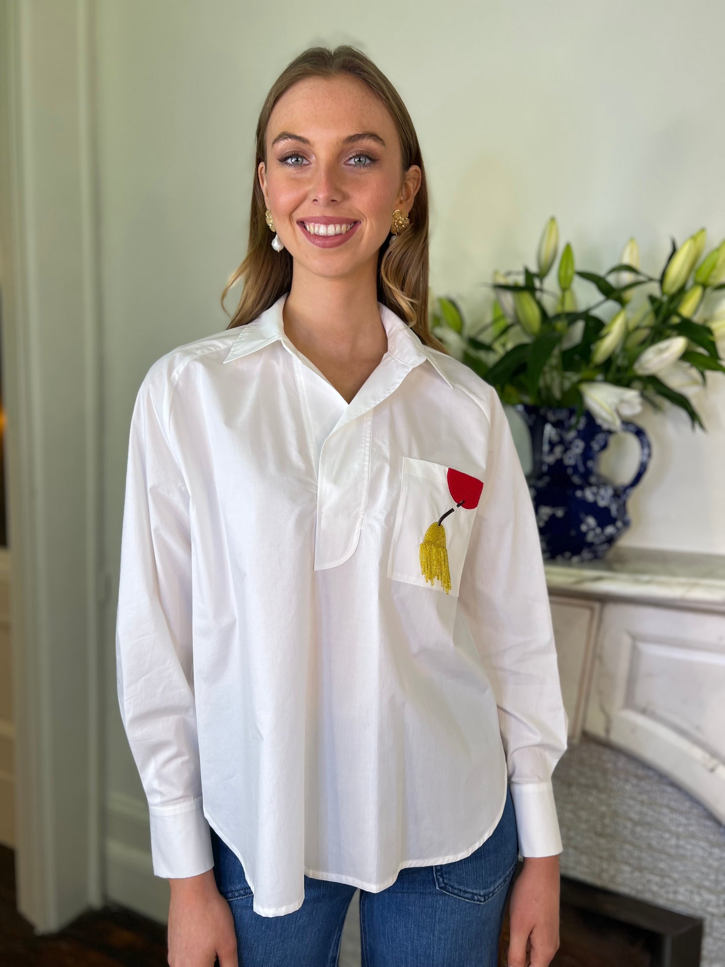 White Poplin Cotton Shirt with Red and Mustard Beaded Detail