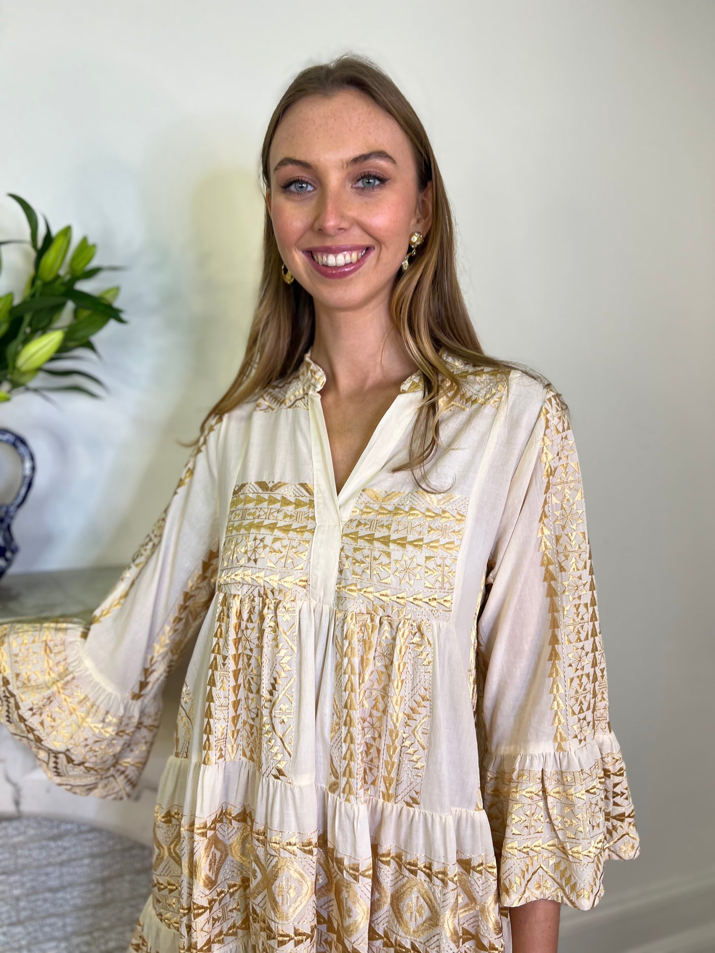 Natural Cream and Gold Embroidered Cotton Tunic Dress