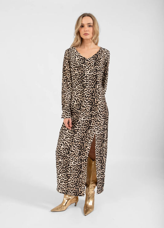 Midi Dress In Leopard  Print with V Neck and Slit