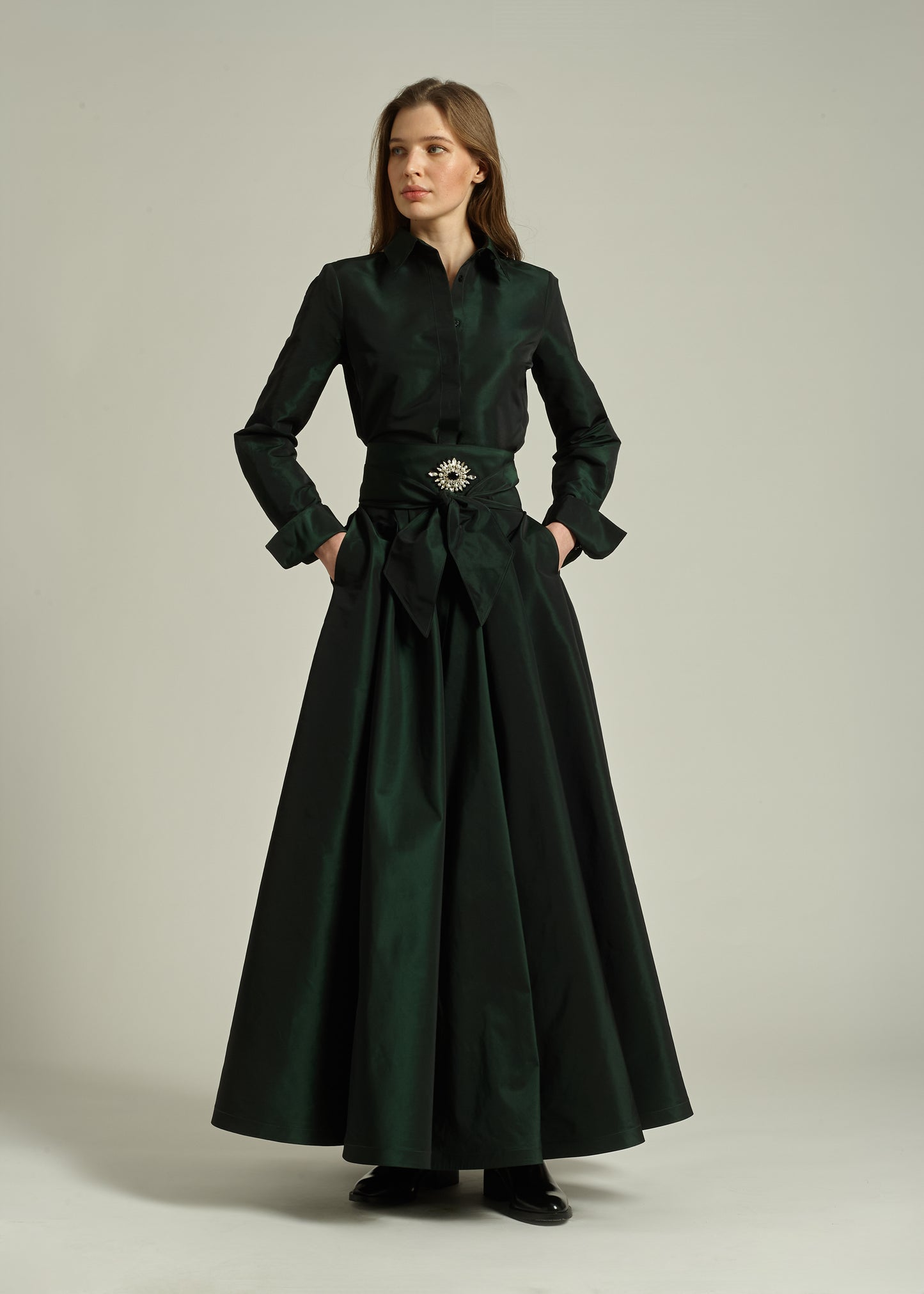 Sara Roka Iridescent  Midi Shirt Dress in Iridescent Green