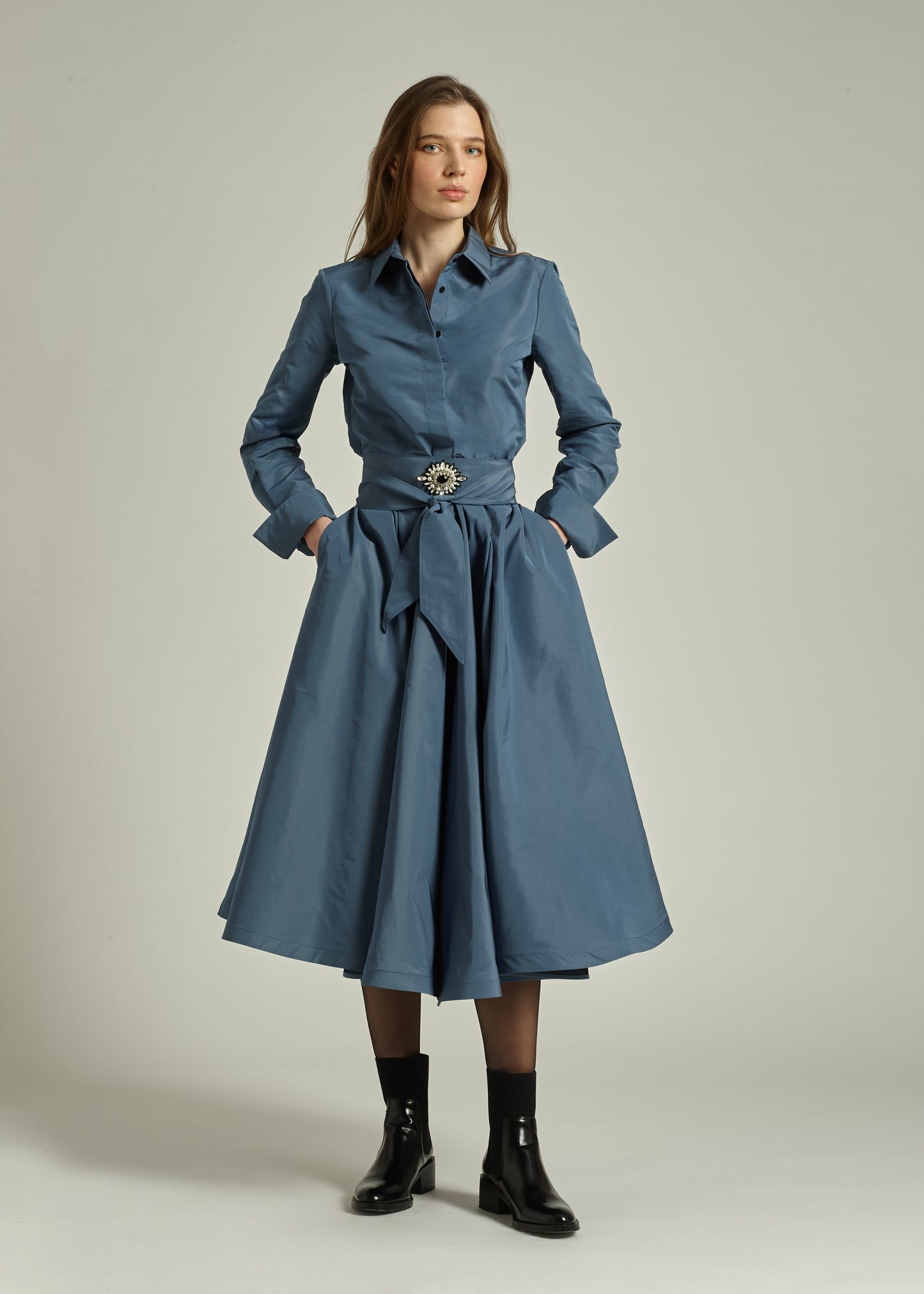 Sara Roka Silver Blue Taffeta Shirt Dress