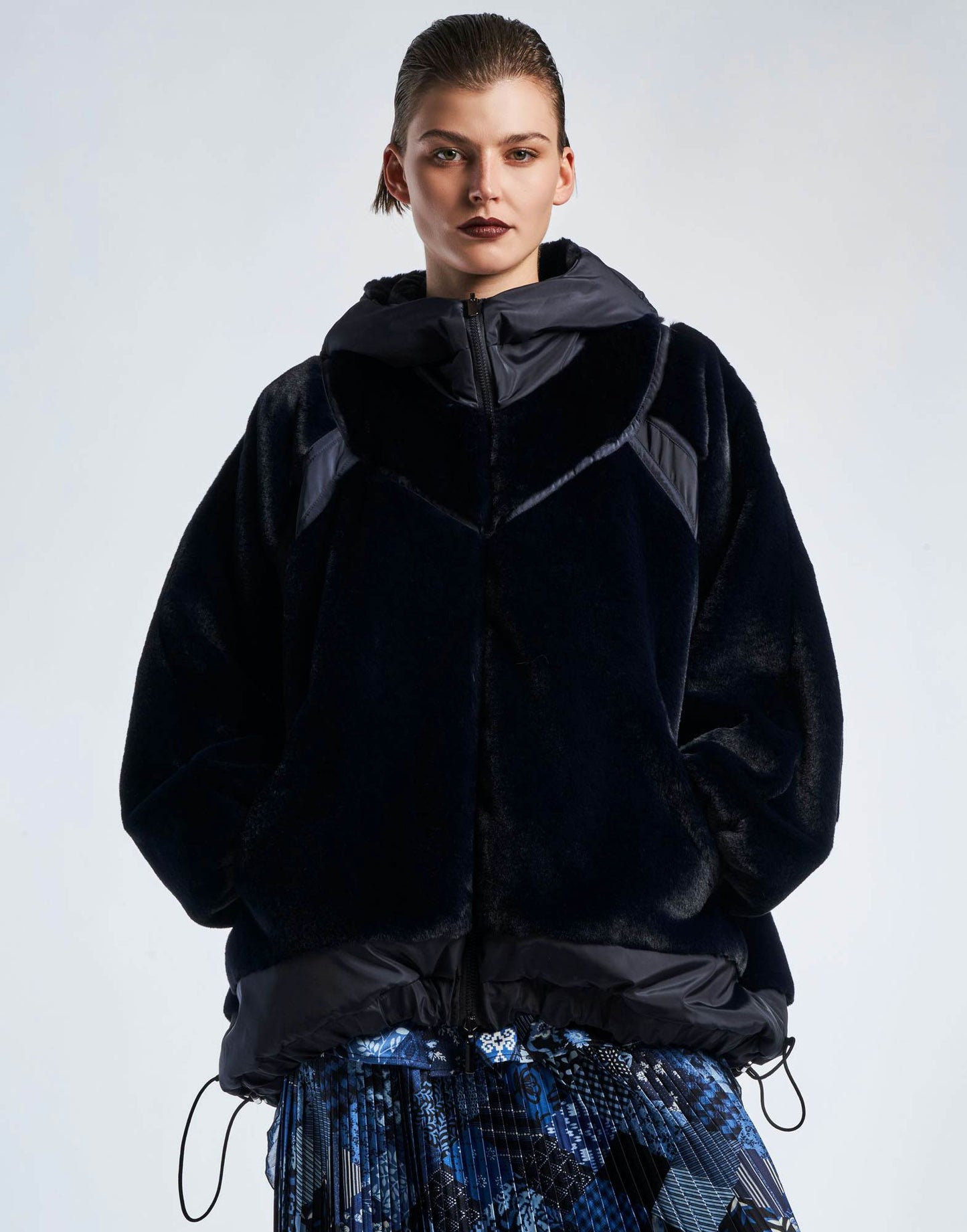 WINDSWEPT Multi-Panel Cape-Coat in Faux Fur and Tech Taffeta