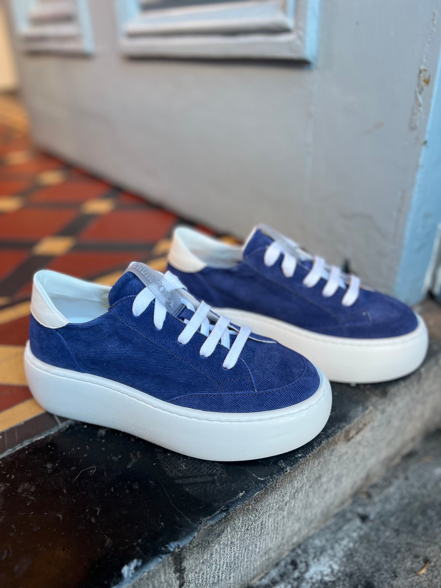 Blue Suede Jean White Sole Trainers