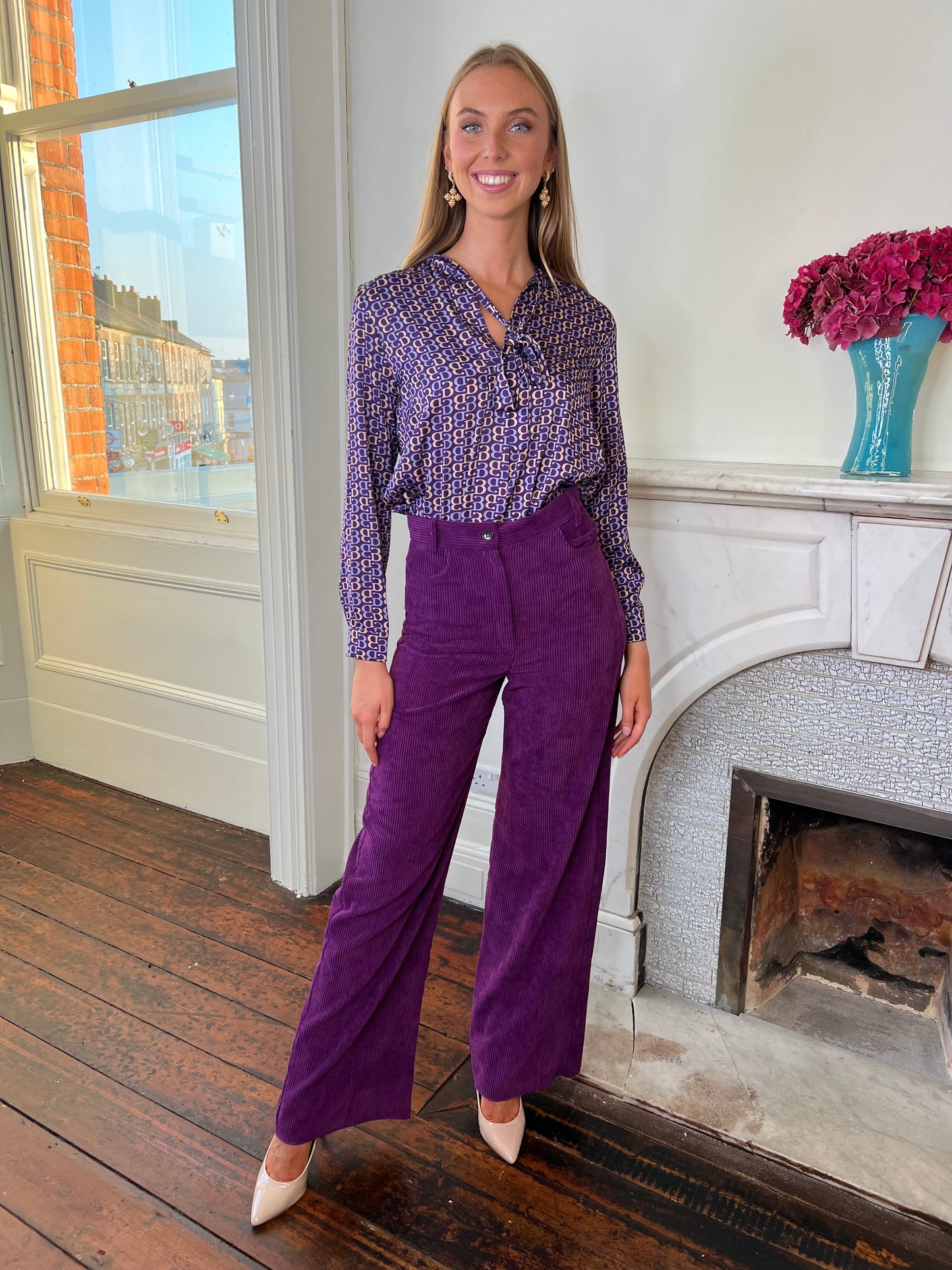 Purple Printed Neck Tie Blouse