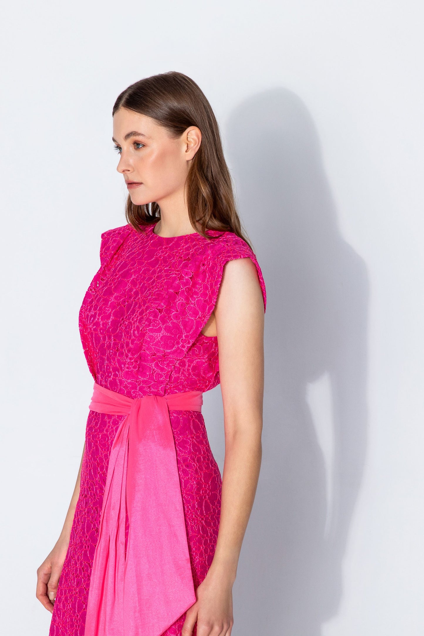 Cerise Pink Lace Fit and Flare Dress with Tie Belt
