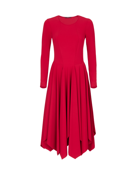 ENTHUSIASM Red Fit and Flare Dress with Multi-Point Hem