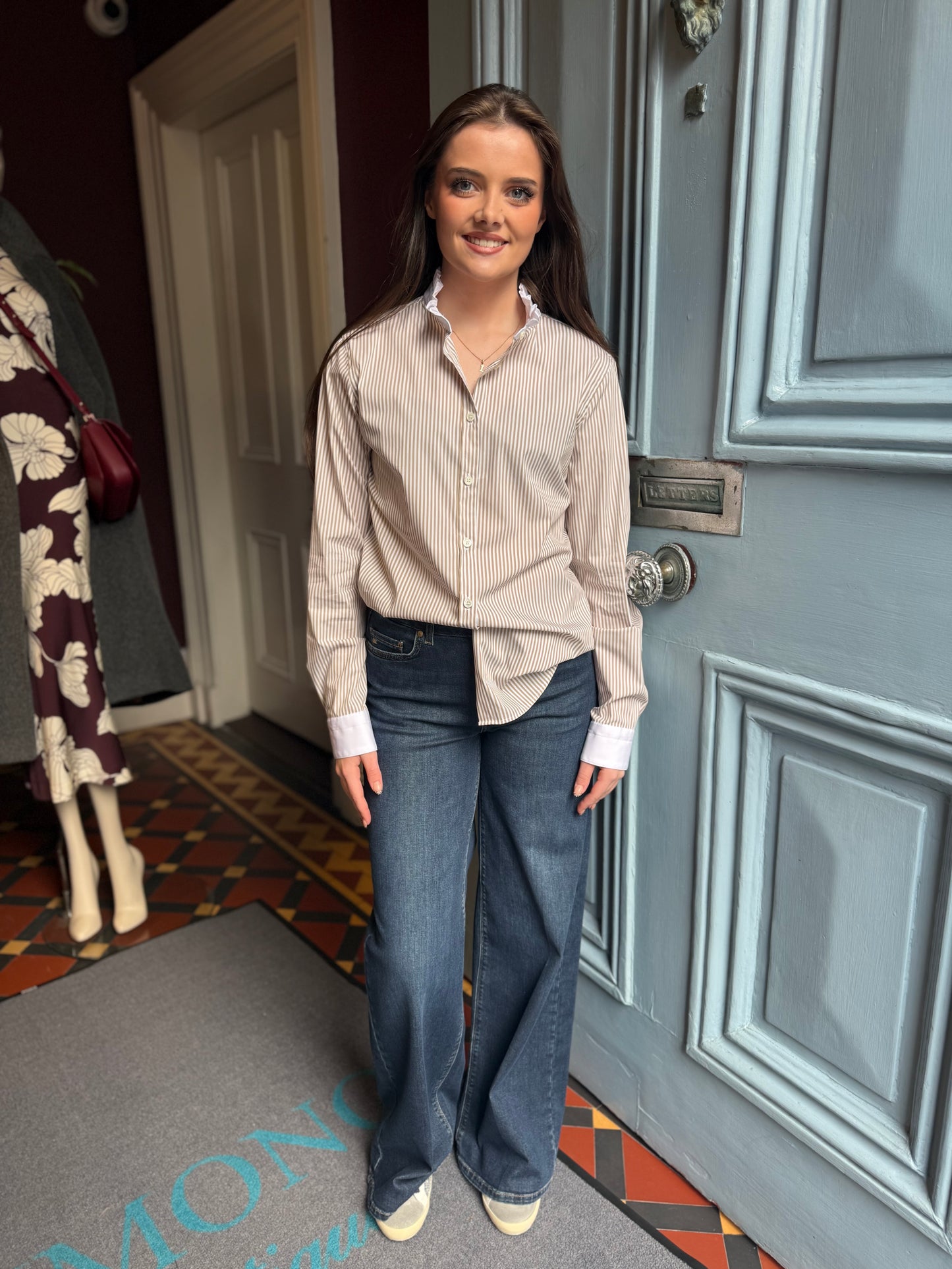 Caliban Taupe and White Stripped Shirt With White Frill Collar