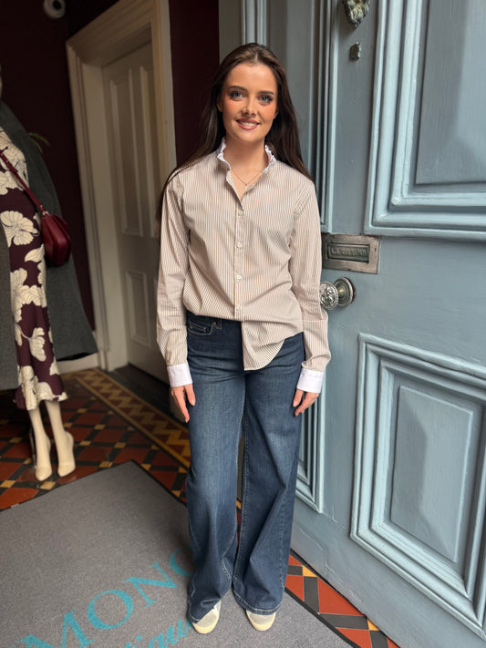 Caliban Taupe and White Stripped Shirt With White Frill Collar