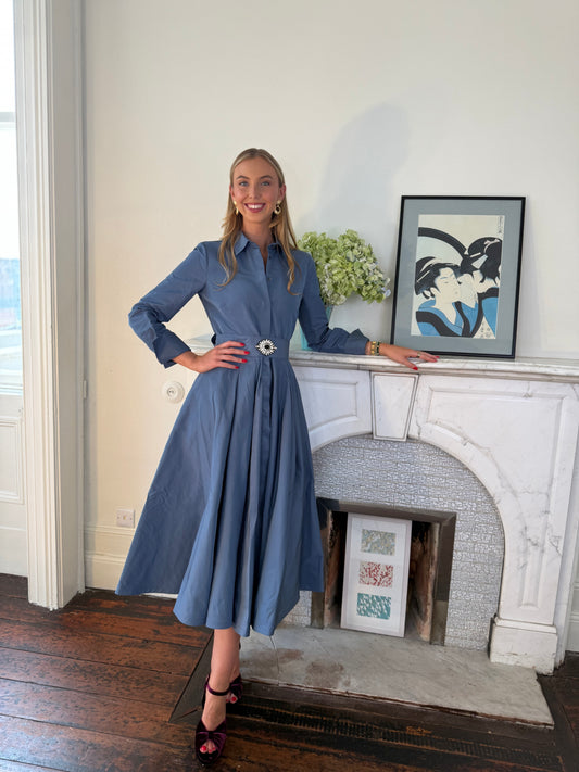 Sara Roka Silver Blue Taffeta Shirt Dress