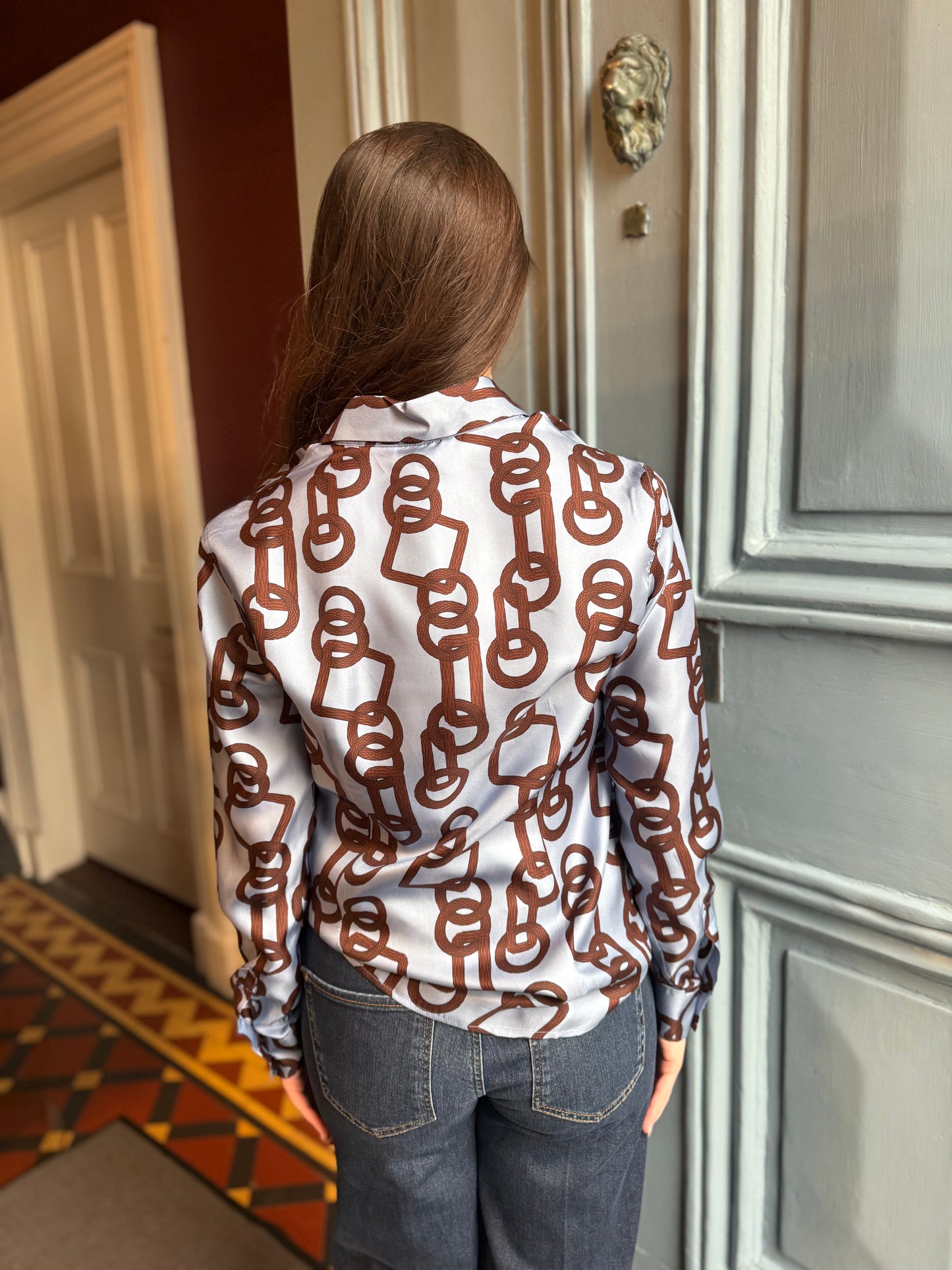 Caliban Aqua Blue And Brown Print Silk Shirt