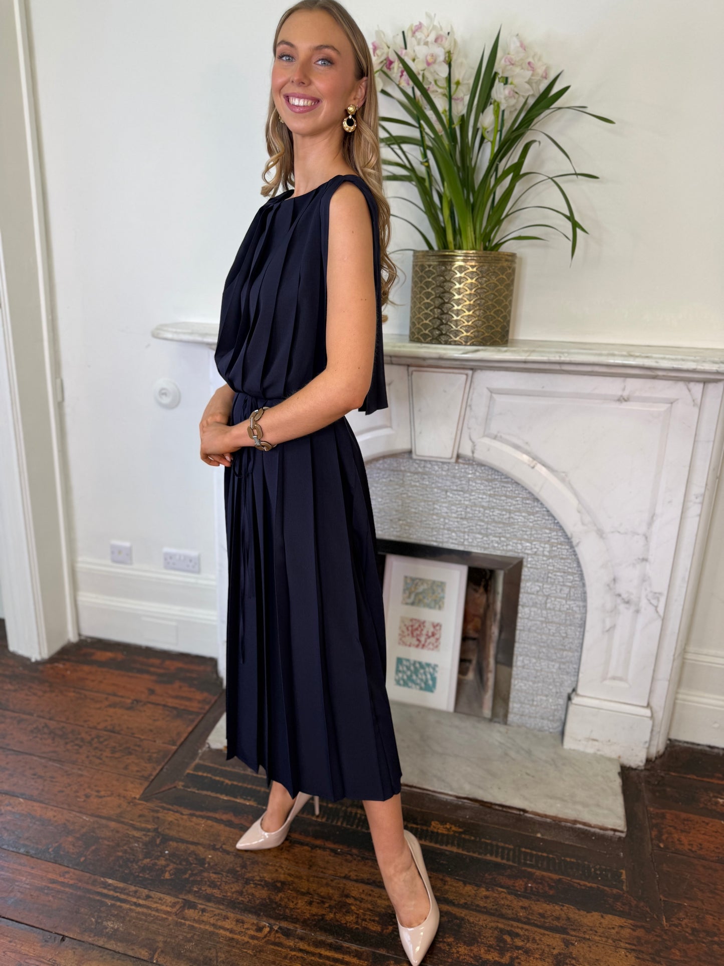 Beatrice B Pleated Long Dress With Waist Tie Navy