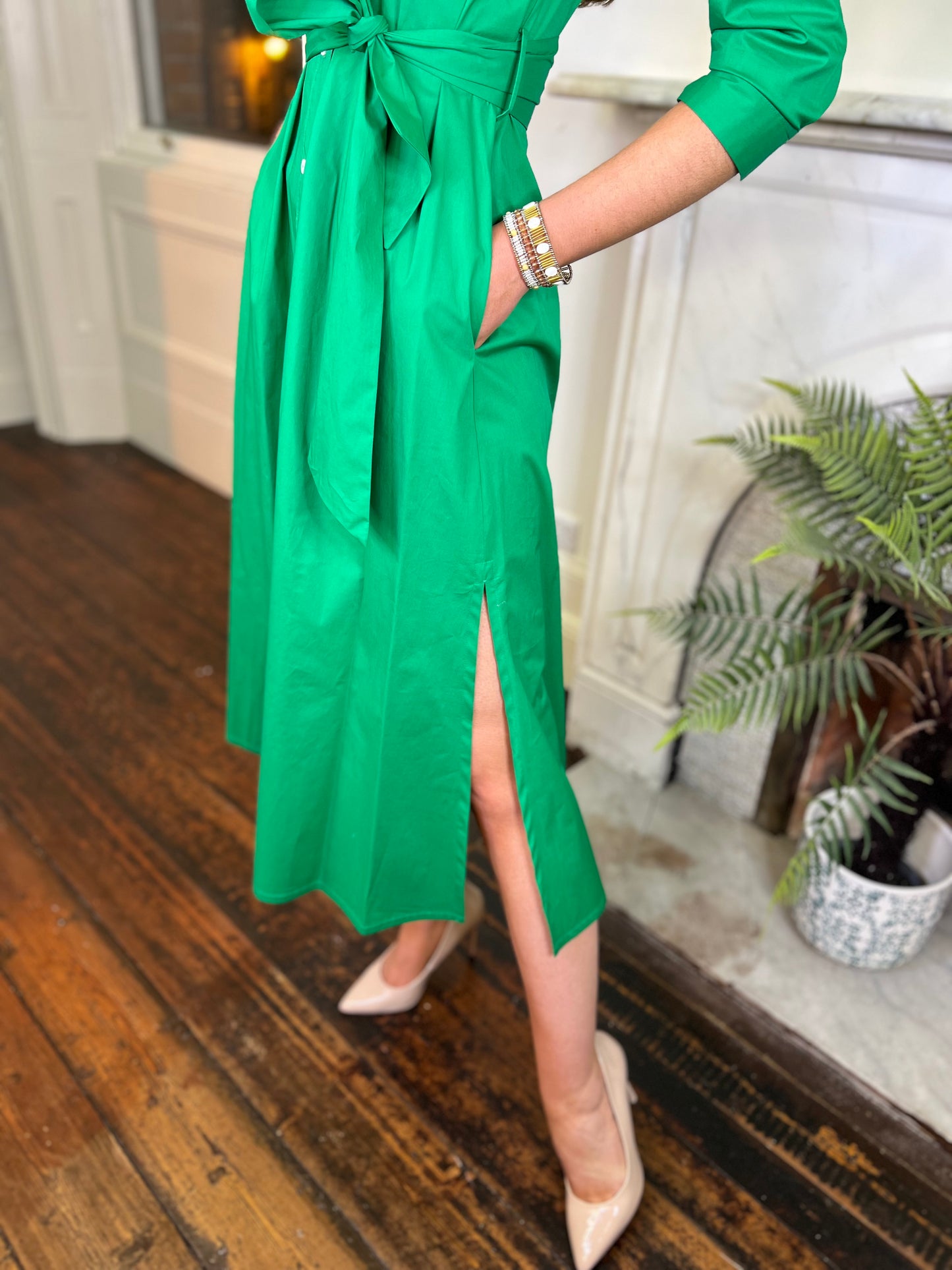 Rosso35 Emerald Green Poplin Cotton Shirt Dress