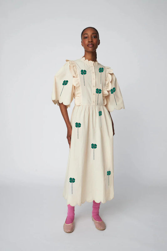 Stella Nova Embroidered Midi Dress With Scallops Green/Creme