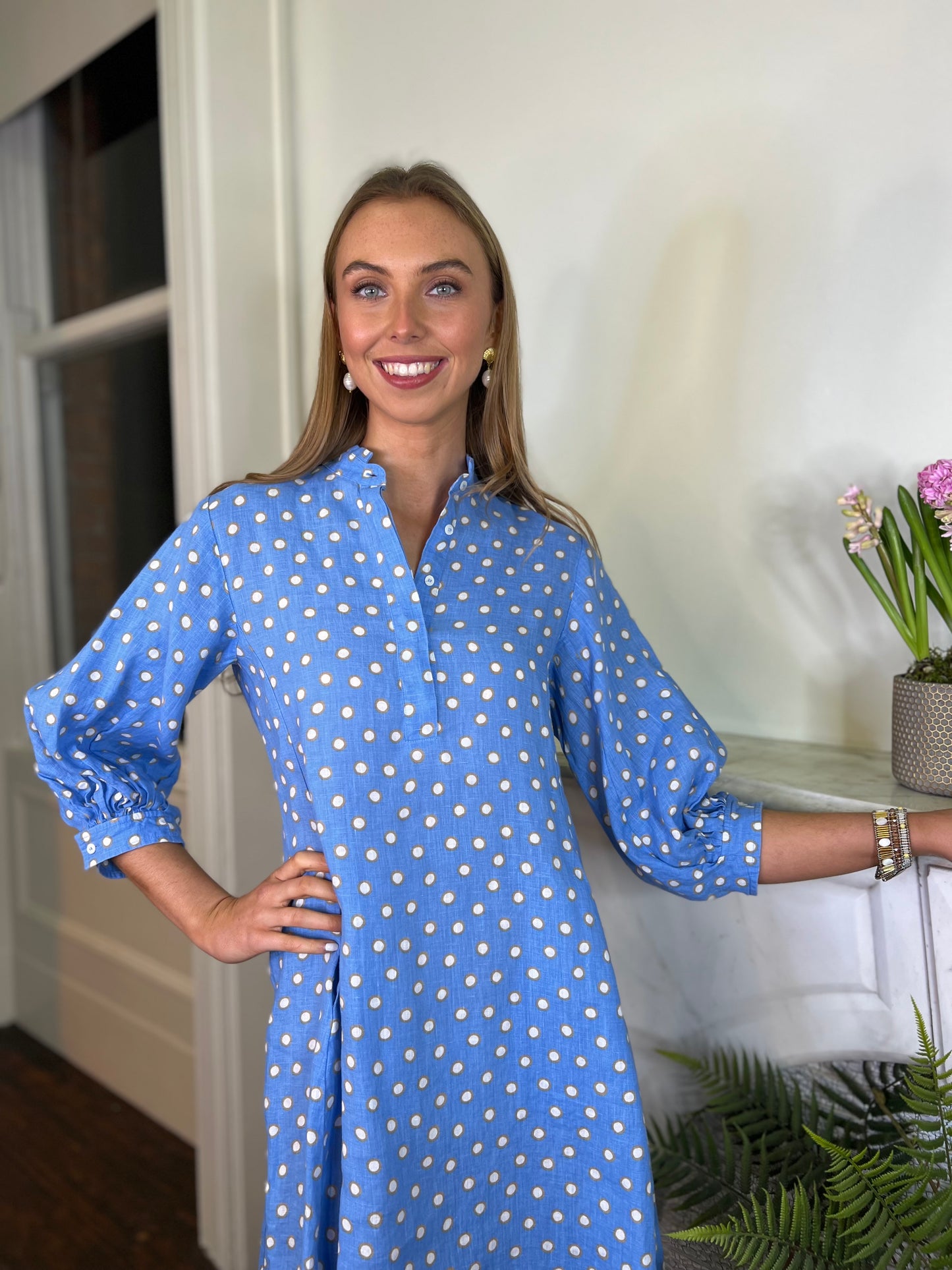 Rosso35 Sky Blue Polka Dot Linen Tunic Dress