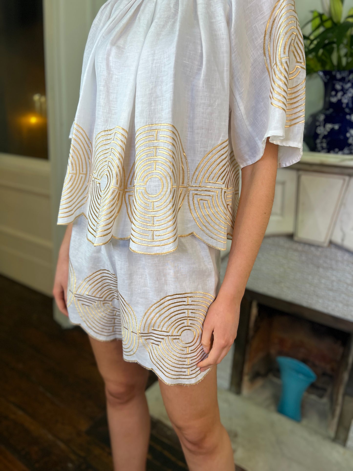 Labyrinth White and Gold Linen Top and Shorts