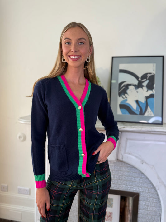 Vilagallo Navy Wool-Blend Cardigan With  Coloured Trims