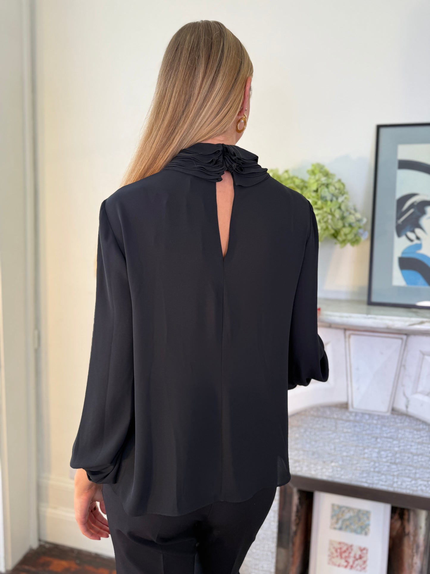 Kameya Black Blouse with Folded Neck Detail