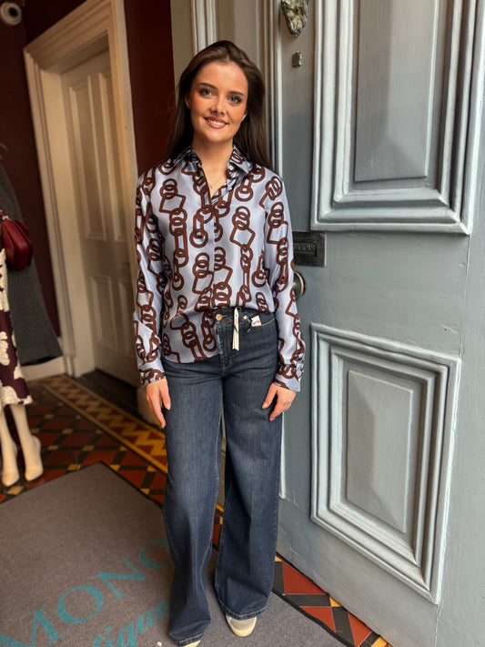 Caliban Aqua Blue And Brown Print Silk Shirt