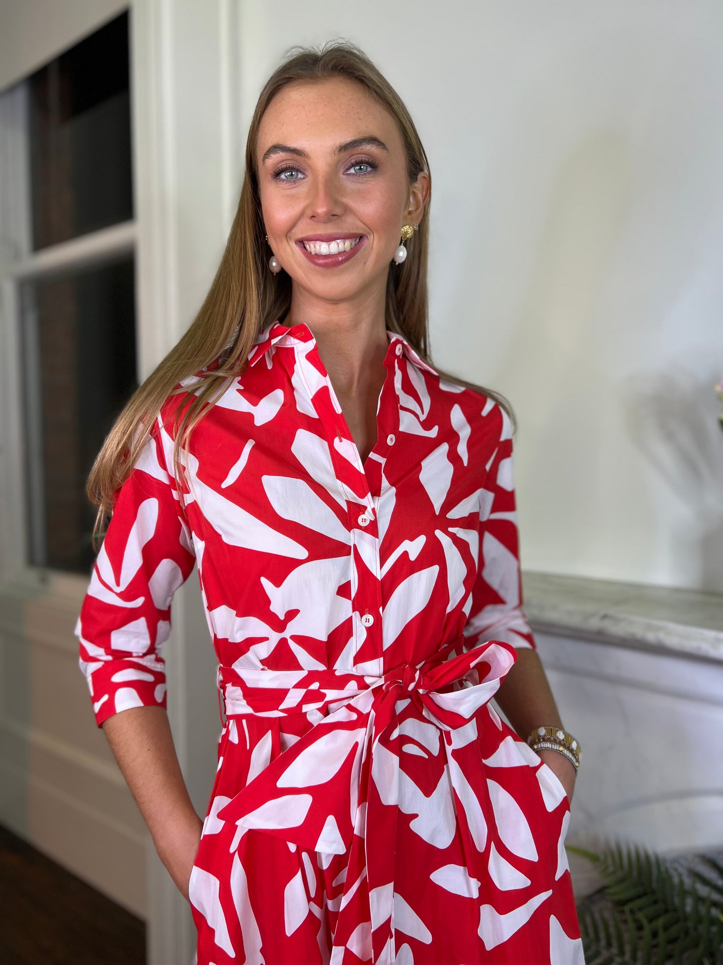 Rosso35 Red and White Poplin Cotton Shirt Dress