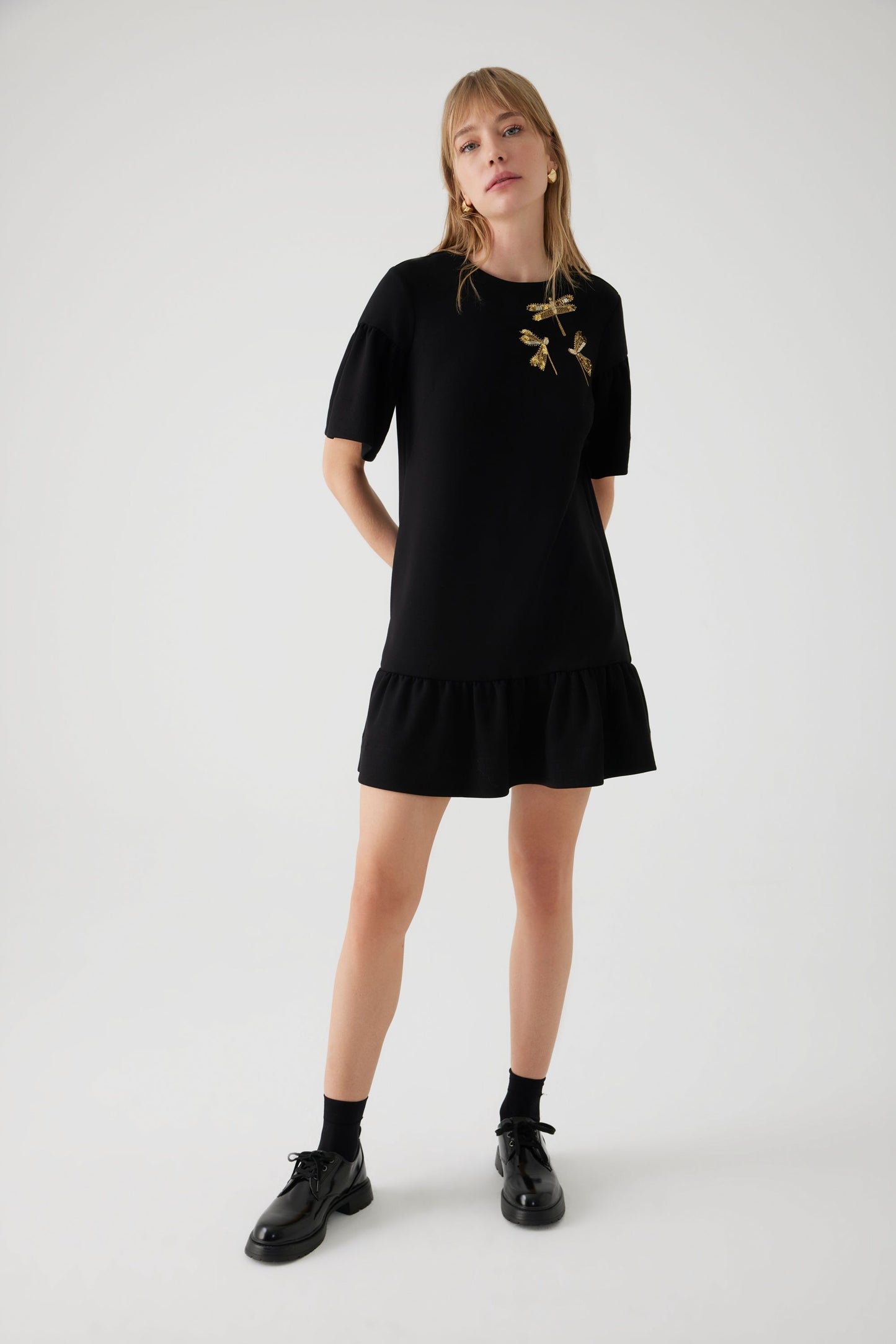 Alexandra Black Jersey  Dress with Gold Dragon Fly Embellishment