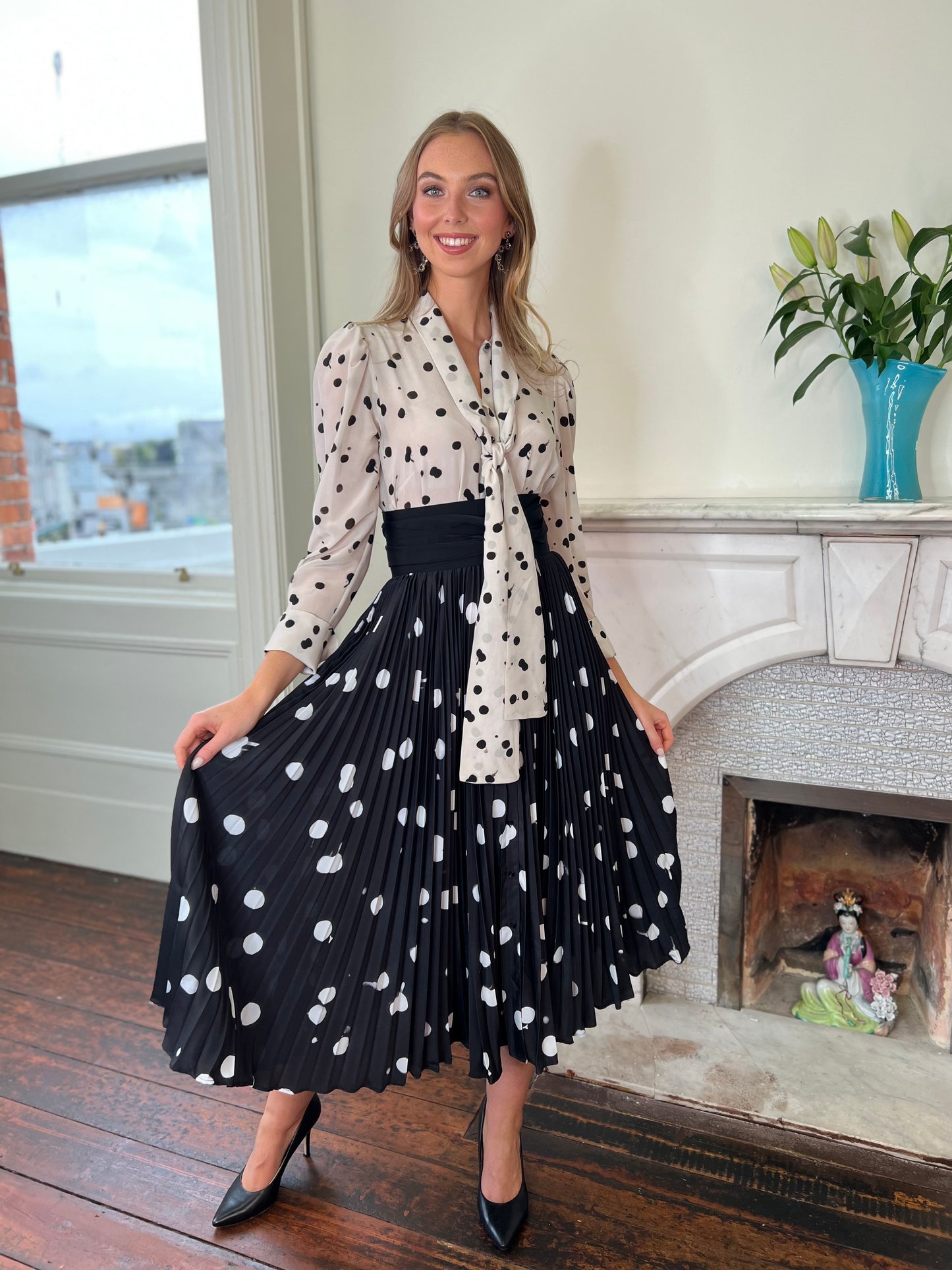 Black and Pearl Polka Dot Silk Dress with Pussy Bow Detail