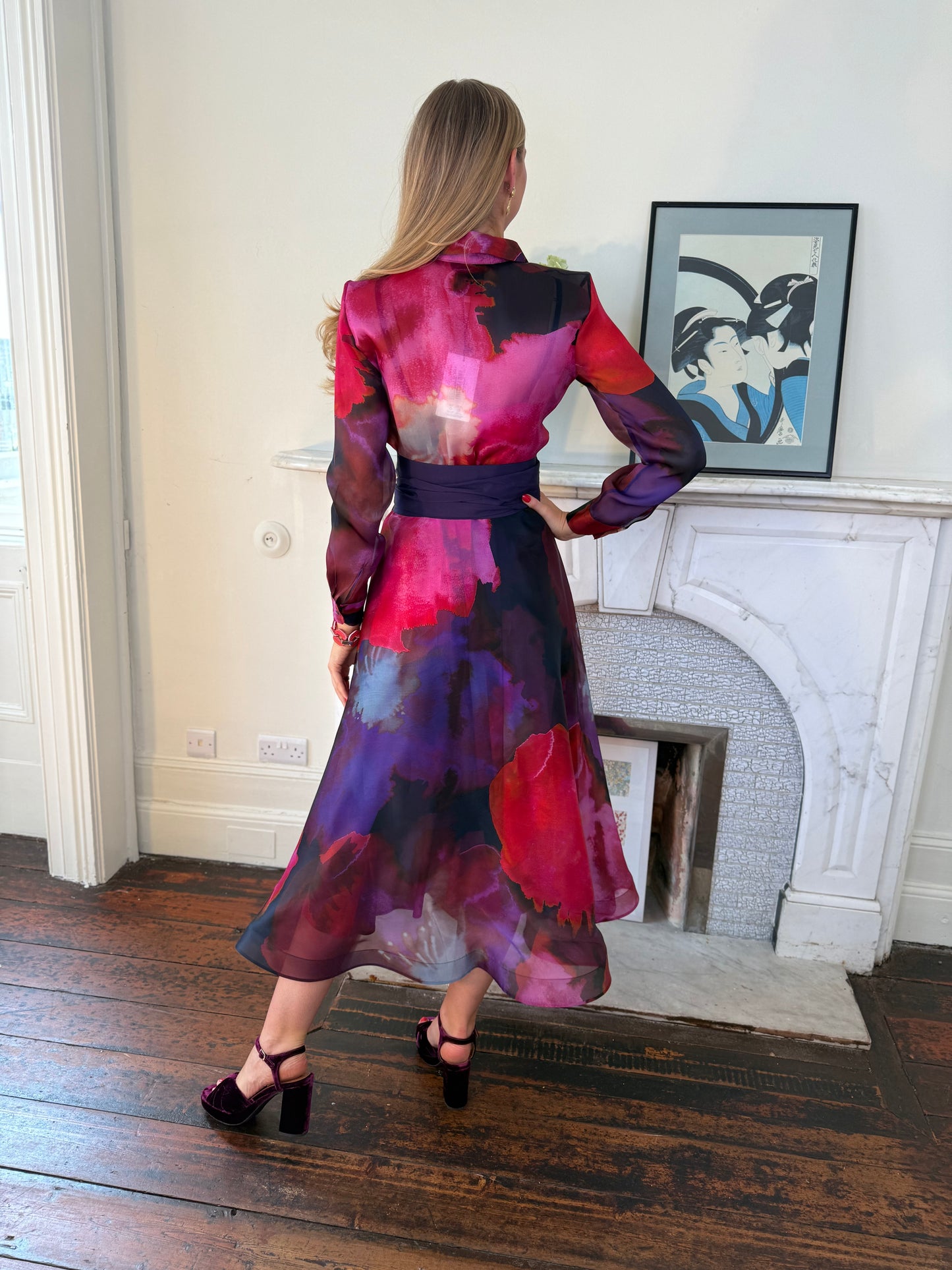 Sara Roka Organza Flower Explosion Printed Midi Shirt Dress