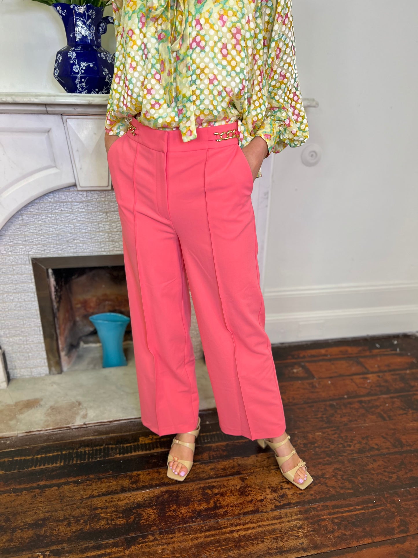Coral Pink Straight Leg Trousers with Chain Detail