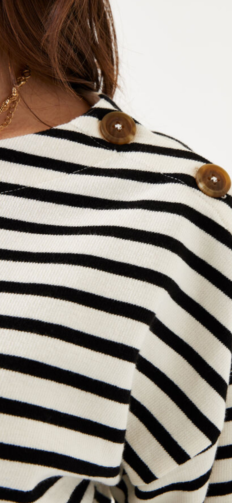 Black and Cream Stripped Breton Top with Button Detail on Shoulder