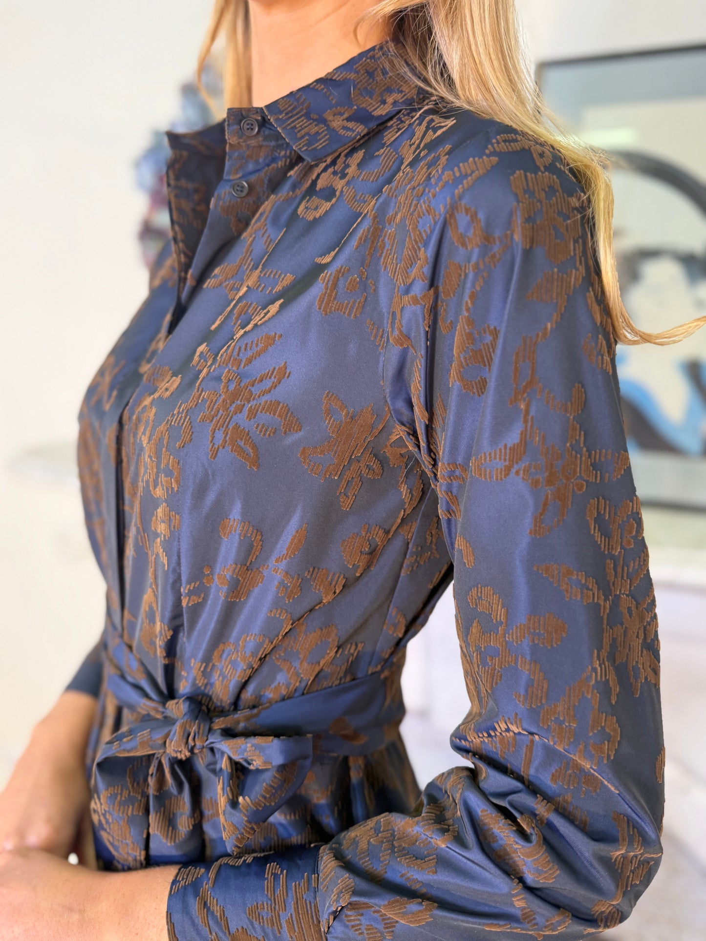 Rosso35 Navy and Brown Embossed Shirt Dress