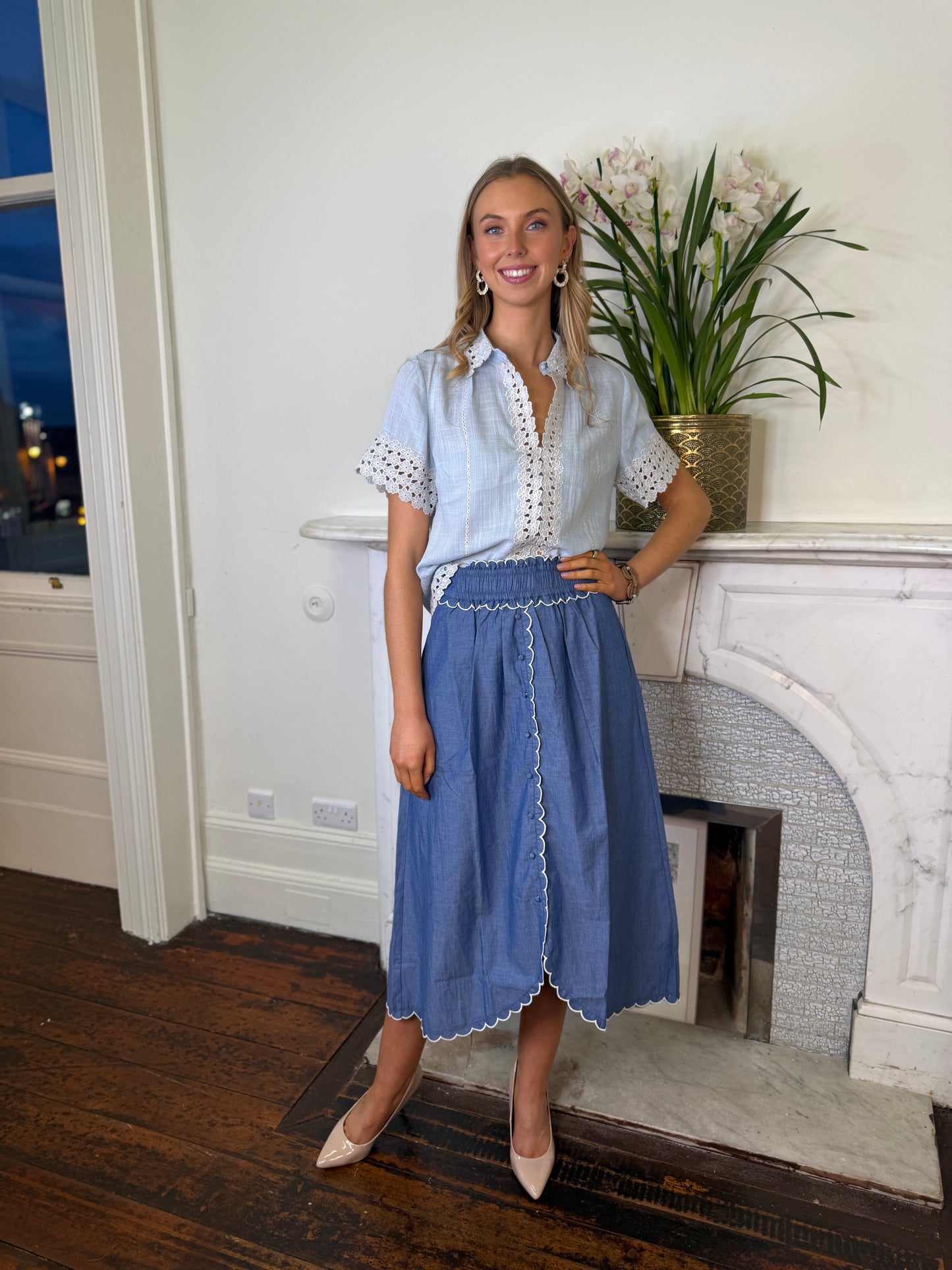 Gustav Mabell Cotton Skirt with Scallop Trim in Endless Sky