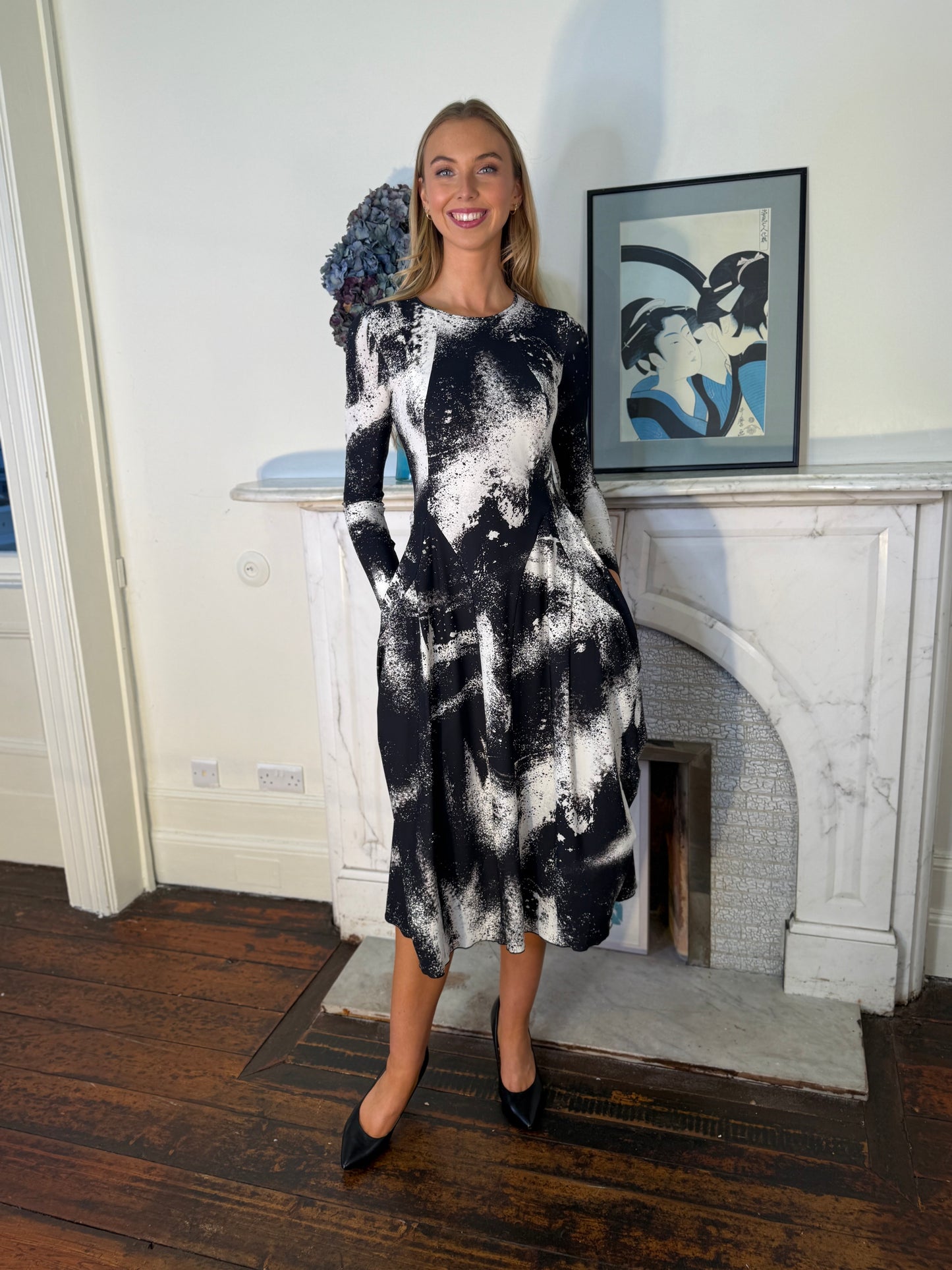 High At-Length Black and White Print Dress