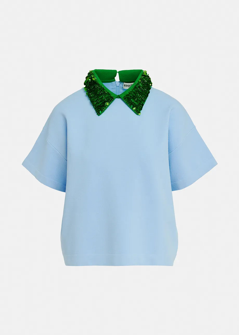 Filano Blue Top With Green Sequin Embellished Collar