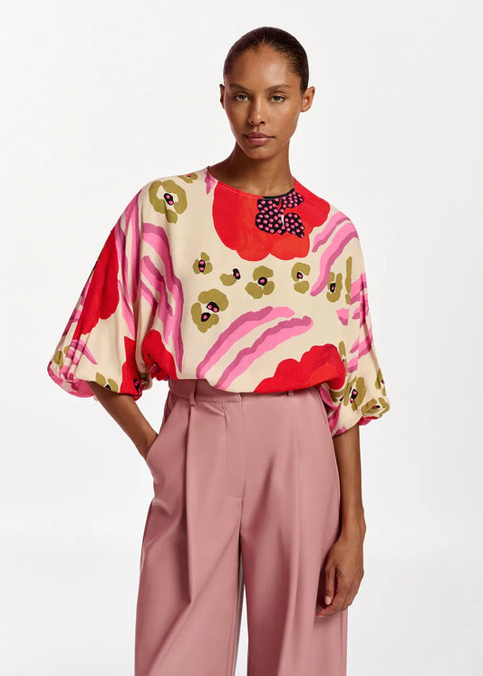 Flowerpower Ecur Red And Pink Batwing Sleeve Top