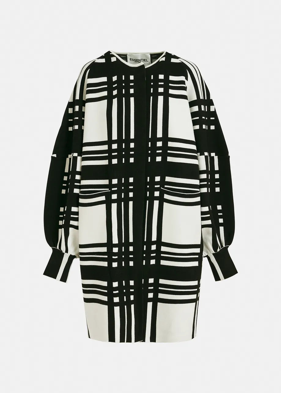 Flow White and Black Checked Mid Length Cardigan