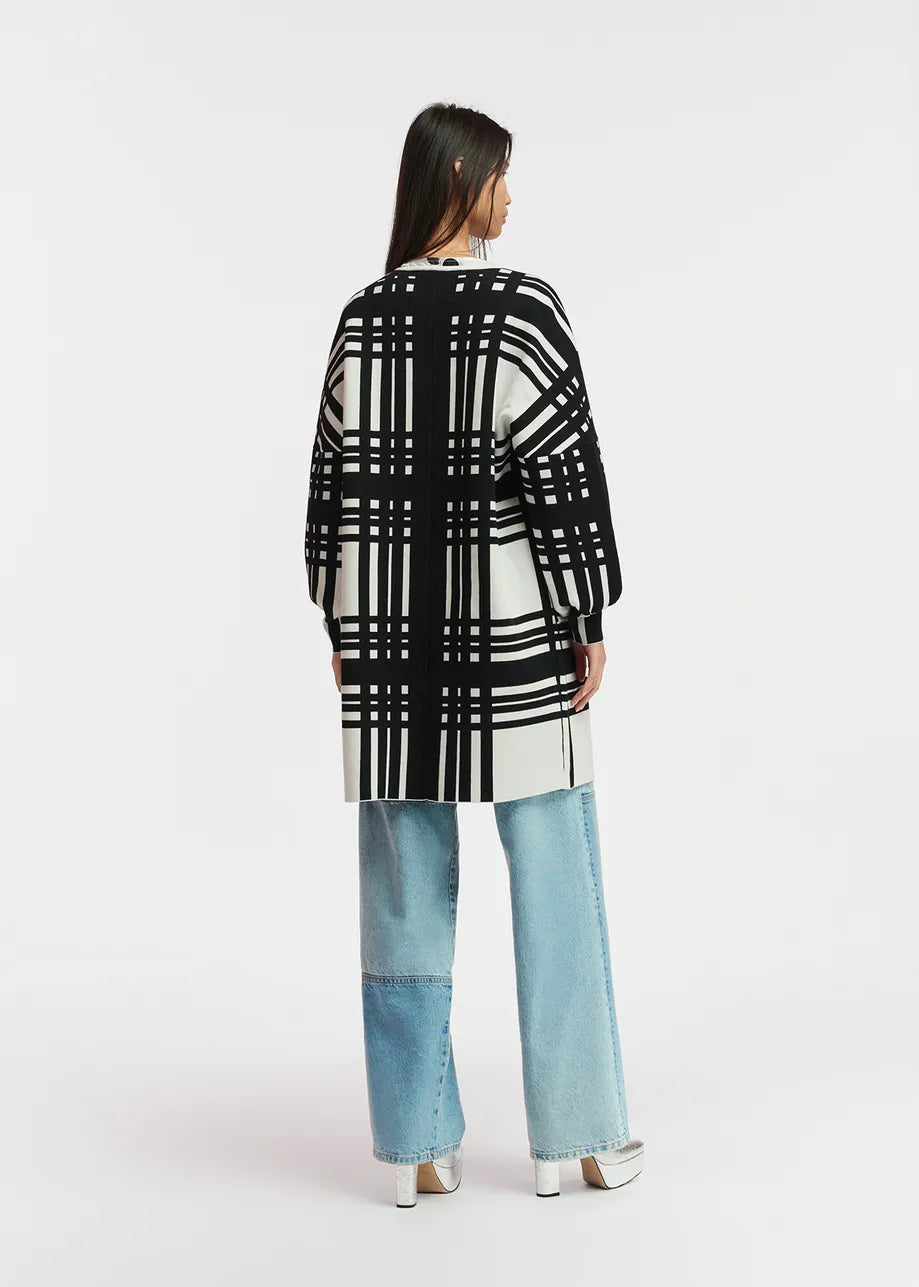 Flow White and Black Checked Mid Length Cardigan