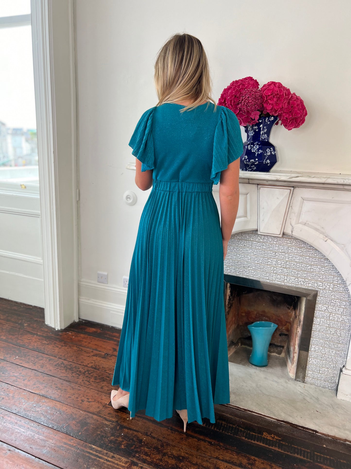 Midi Teal Dress With Lurex Thread