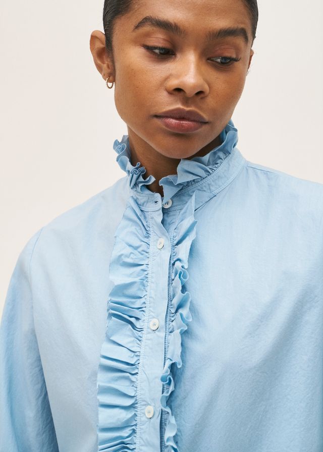 Rosso35 Light Blue Cotton Poplin Blouse with ruffle Detail