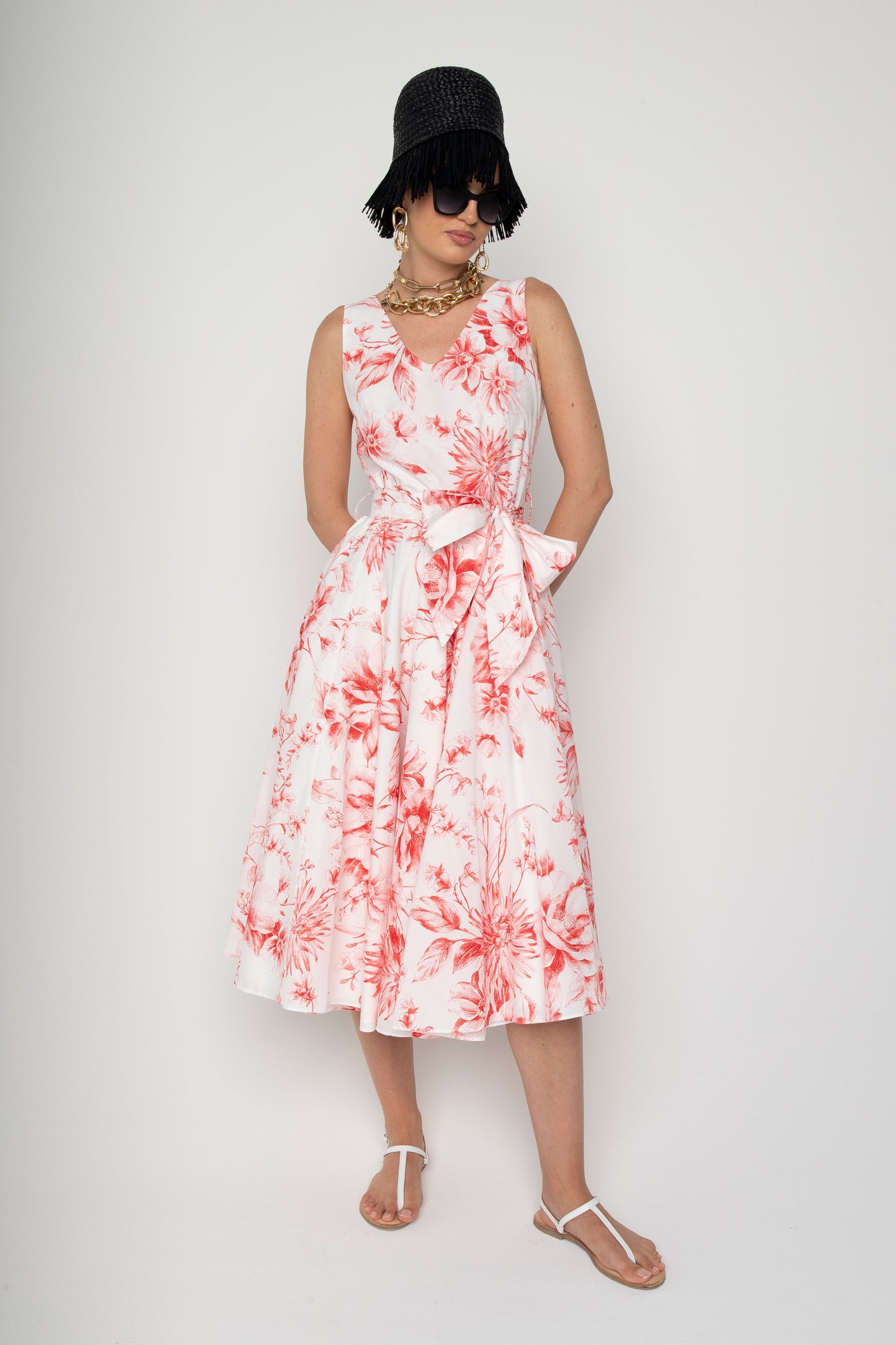 Sleeveless Coral  Floral Print Dress