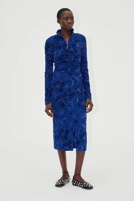 Gathered Long Sleeve Midi Dress Royal Blue