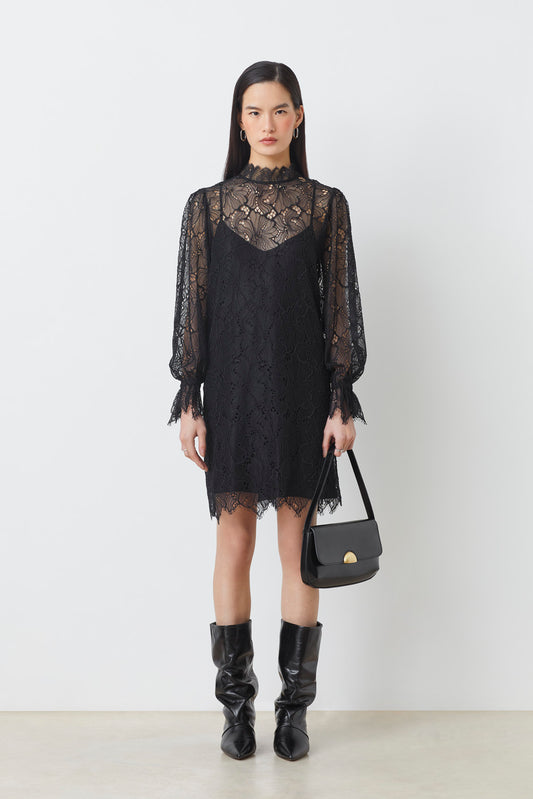 Suncoo Cara Black Lace Shift  Dress