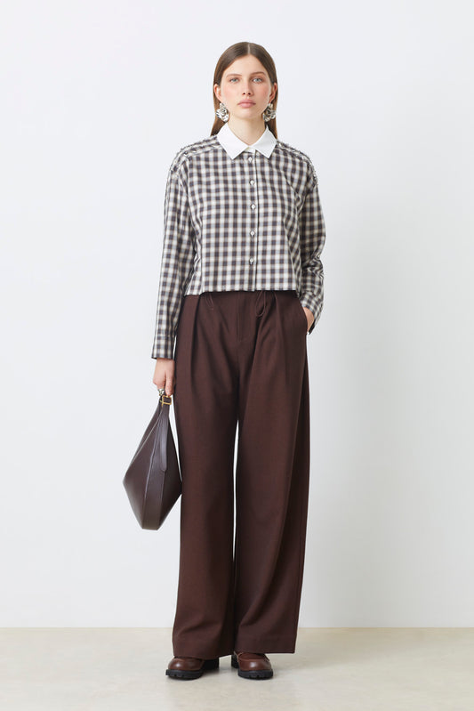 Suncoo Luigi Brown Check Shirt with White Collar